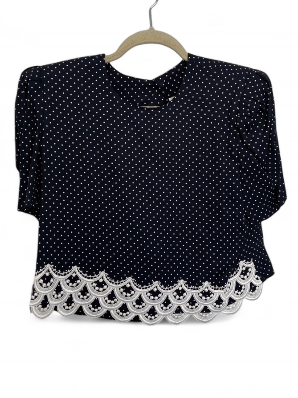 Vintage Jessica Howard Polka Dot Navy Cropped Top with Scalloped Lace Hem